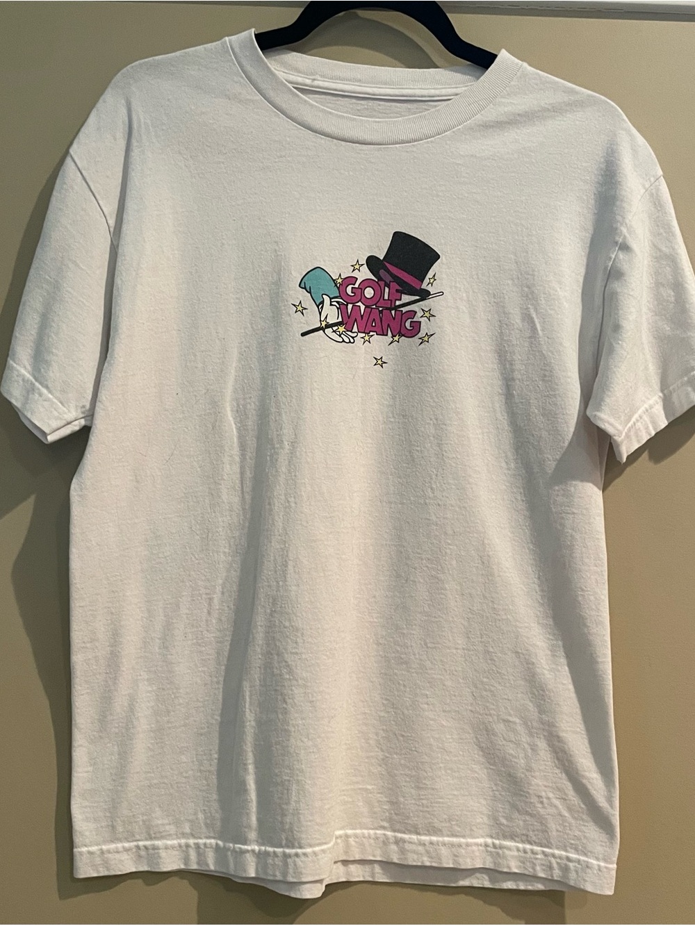 Golf Wang White Tee with Pink Logo and Teal Accent Hat Graphic